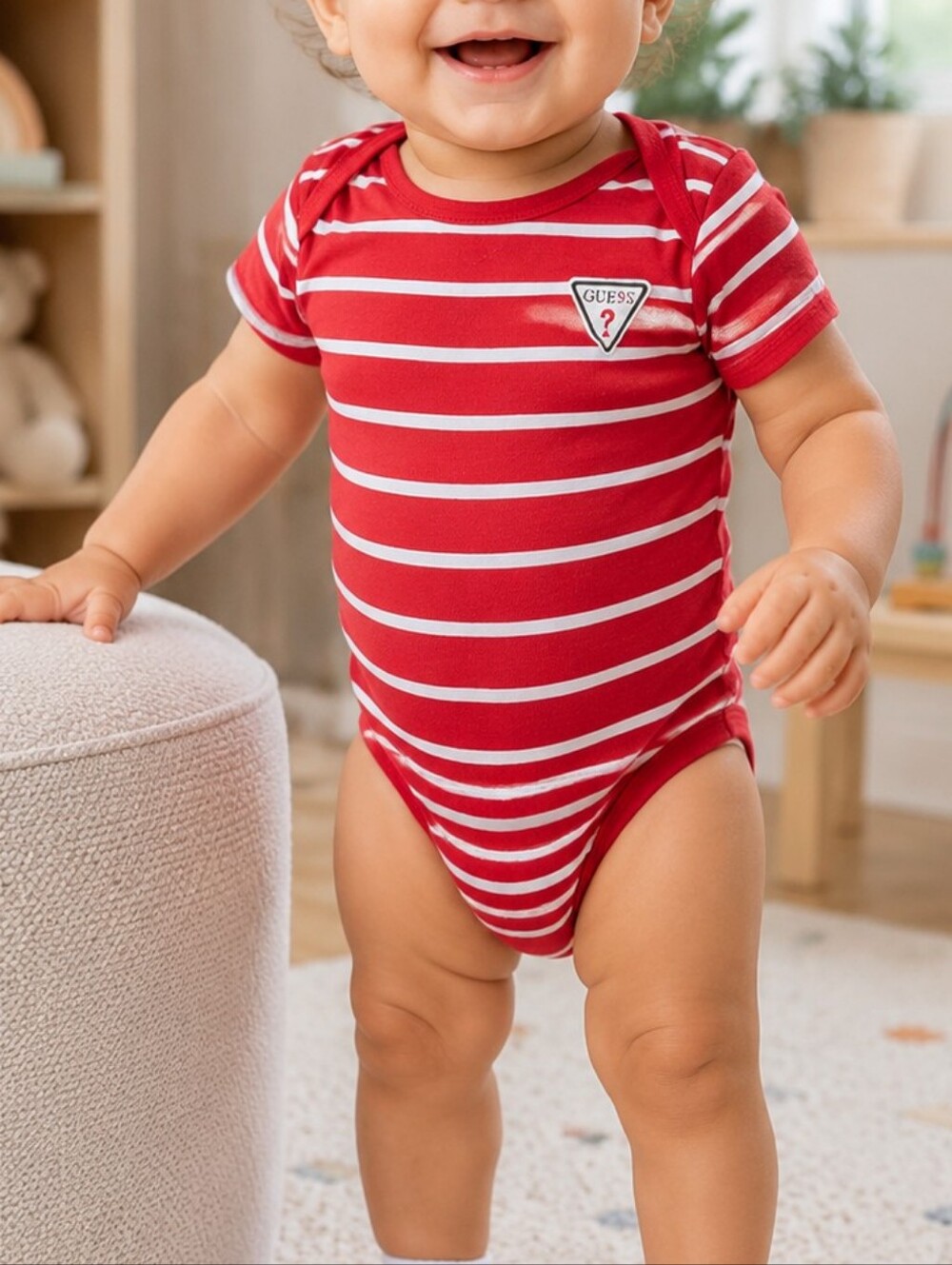 Guess Baby Girl Bodysuit 18M Red White Striped Cold Shoulder Logo One Piece